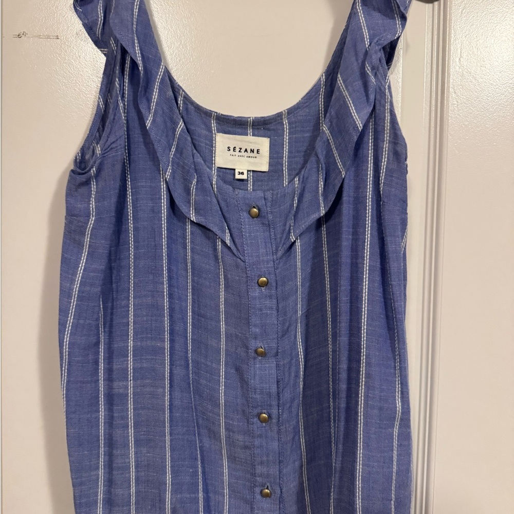 Sezane Blue Striped Sleeveless Button-Front Top Sz 36